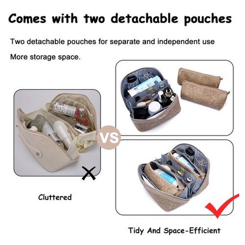 Travel Makeup Bags Cosmetic Organizer Bag: 3-Set Large Capacity Make up Bag - PU Leather Toiletry Bag for Women - Wide Open Portable Pouch with Divider & Handle (02-Light Brown)