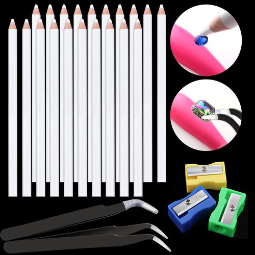 Rhinestones Picker Pencil for Nail Art Gem Crystal Pick up Tool 7-inch Rhinestone Pickup Pen 20Pcs with Pencil Sharpener 3Pcs + Tweezers 2Pcs