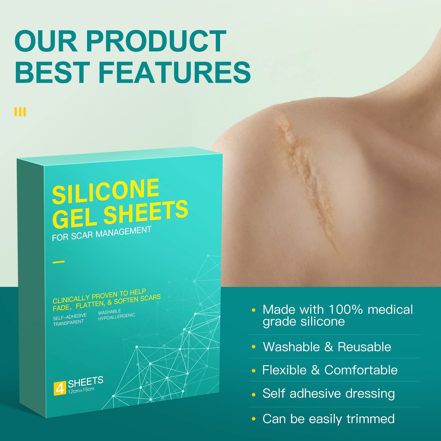 Medical Grade Big Silicone Scar Sheets 6" x 5", 4 Patches, Silicone Gel Sheets for Scars Treatment, Scar Removal Wound Care Product (green)