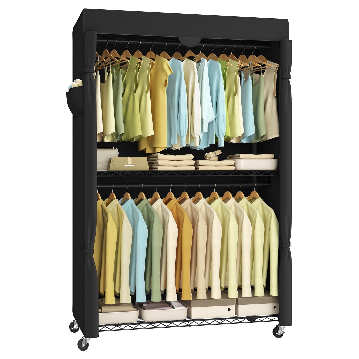 SONGMICS Heavy-Duty Rolling Clothes Rack, Garment Rack, Portable Closet, 43.3-Inch Wide Clothing Rack on Wheels, with Adjustable Mesh Shelves and Hanging Rails, Fabric Cover, Ink Black ULGR415B01