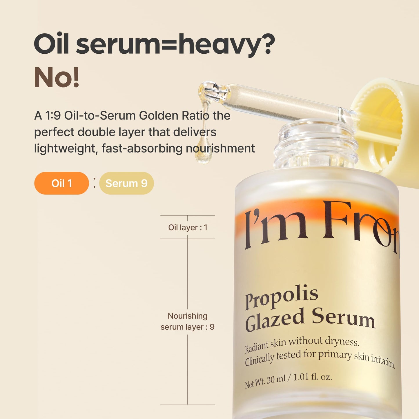 I'm From Propolis Glazed Serum, Honey-Based Glow Serum for Glass Skin, Hydration & Skin Barrier Care, Lightweight Dual-Layer Formula, Niacinamide, Korean Skin Care 1.01fl.oz