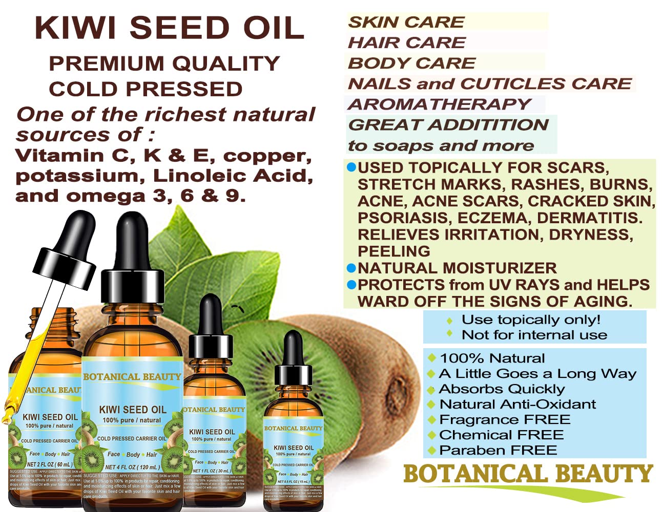 Botanical Beauty KIWI SEED OIL. 100% Pure Natural Undiluted Virgin Cold Pressed Carrier Oil for Face, Skin, Body, Hair, Nail Care (1 Fl Oz)