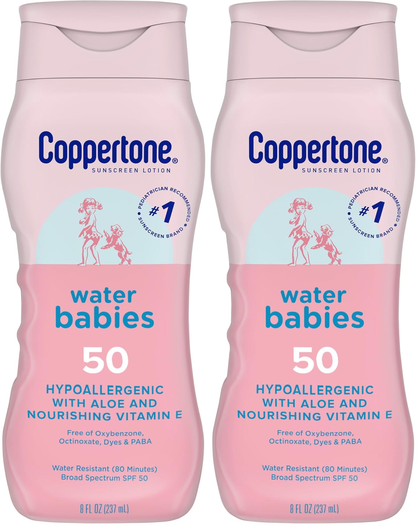 Coppertone WaterBabies Baby Sunscreen Lotion SPF 50, Hypoallergenic Sunscreen for Babies, Water Resistant, Pediatrician Recommended, 8 Fl Oz Bottle (Pack of 2)