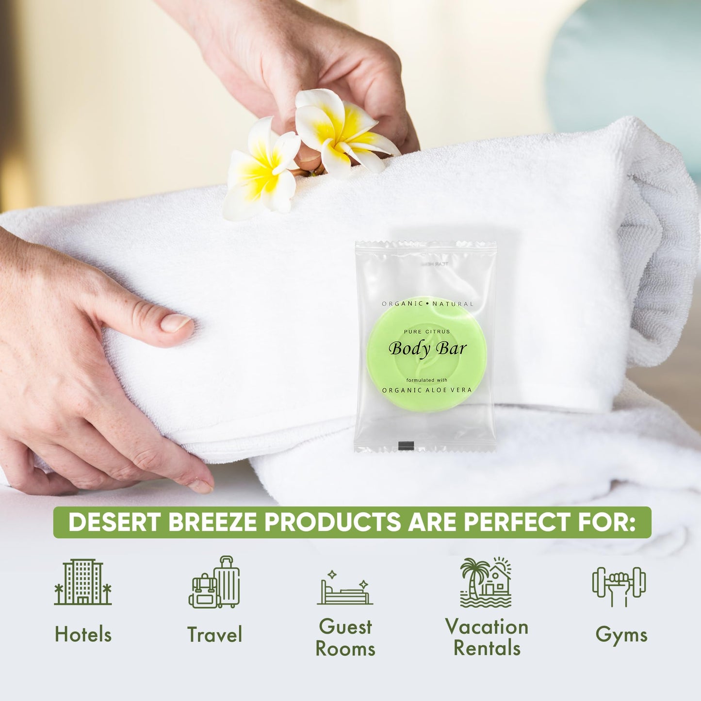 Travel Size Hotel Body Bar Soap 100 Count 1 oz Bars Guest Amenities for Vacation Rentals and Short Term Rentals Paraben Free Lemon & Chamomile Scent Infused with Aloe and Olive Oil by Desert Breeze