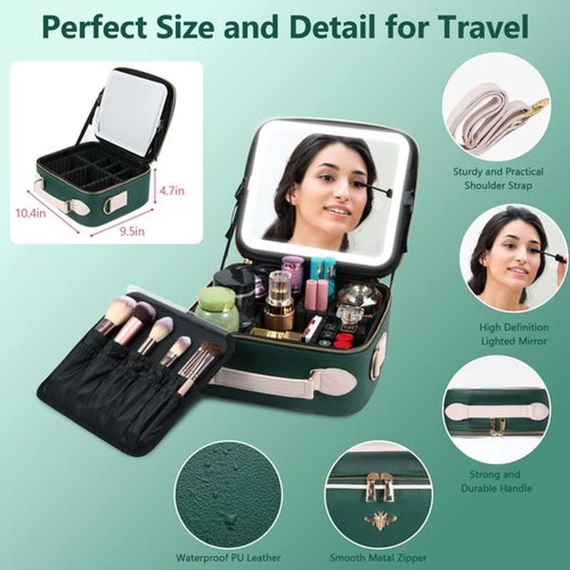GERYUAEG Travel Makeup Bag with Mirror of LED Lighted, Rechargeable Cosmetic Train Case Artist Makeup Organizer for Women with Adjustable Dividers, Makeup Brushes Holder and Strap (Green)