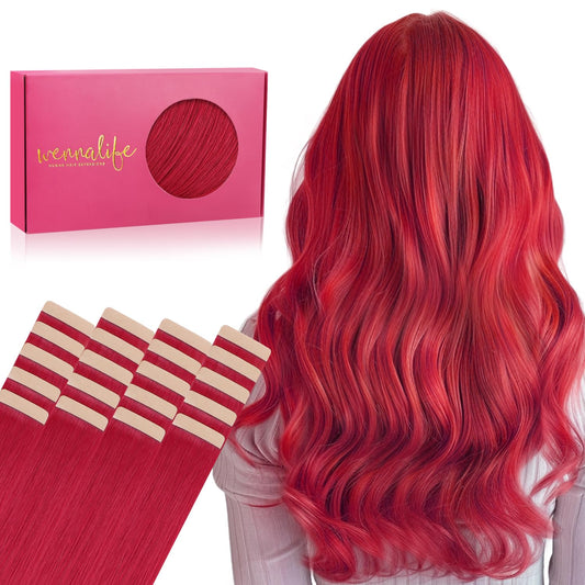 WENNALIFE Tape in Hair Extensions Human Hair, 20pcs 50g 20 inch Red Remy Hair Extensions Straight Human Hair Tape in Extensions Skin Weft Tape Extensions Human Hair
