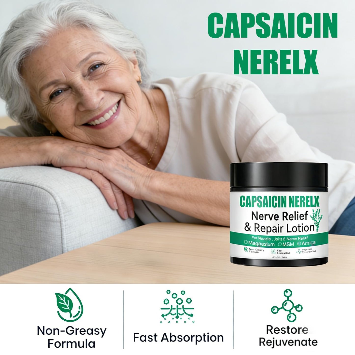 Capsacin Nerve Total Relief Cream with Arnica, Menthol, MSM and Glucosamine for Body Joint Areas, Feet, Hands, Legs, Muscles, Joints, and Waist, 100g