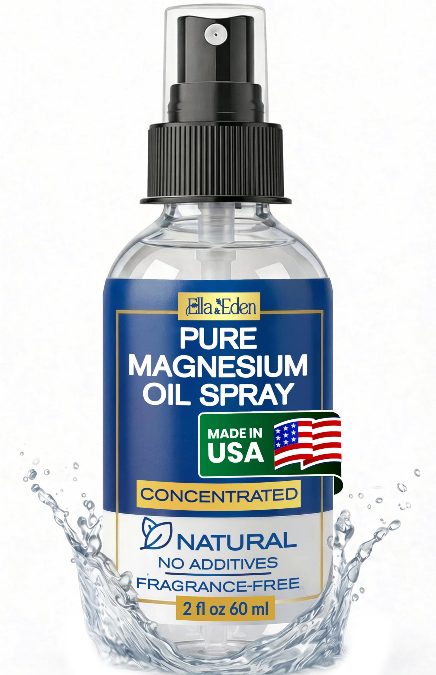Ella & Eden Pure Magnesium Oil - 2 Oz Bottle -Topical Magnesium oil for Feet, Sleep, Muscle Relaxation, Leg Cramps - USA Made - Natural, No Additives, Concentrated Formula