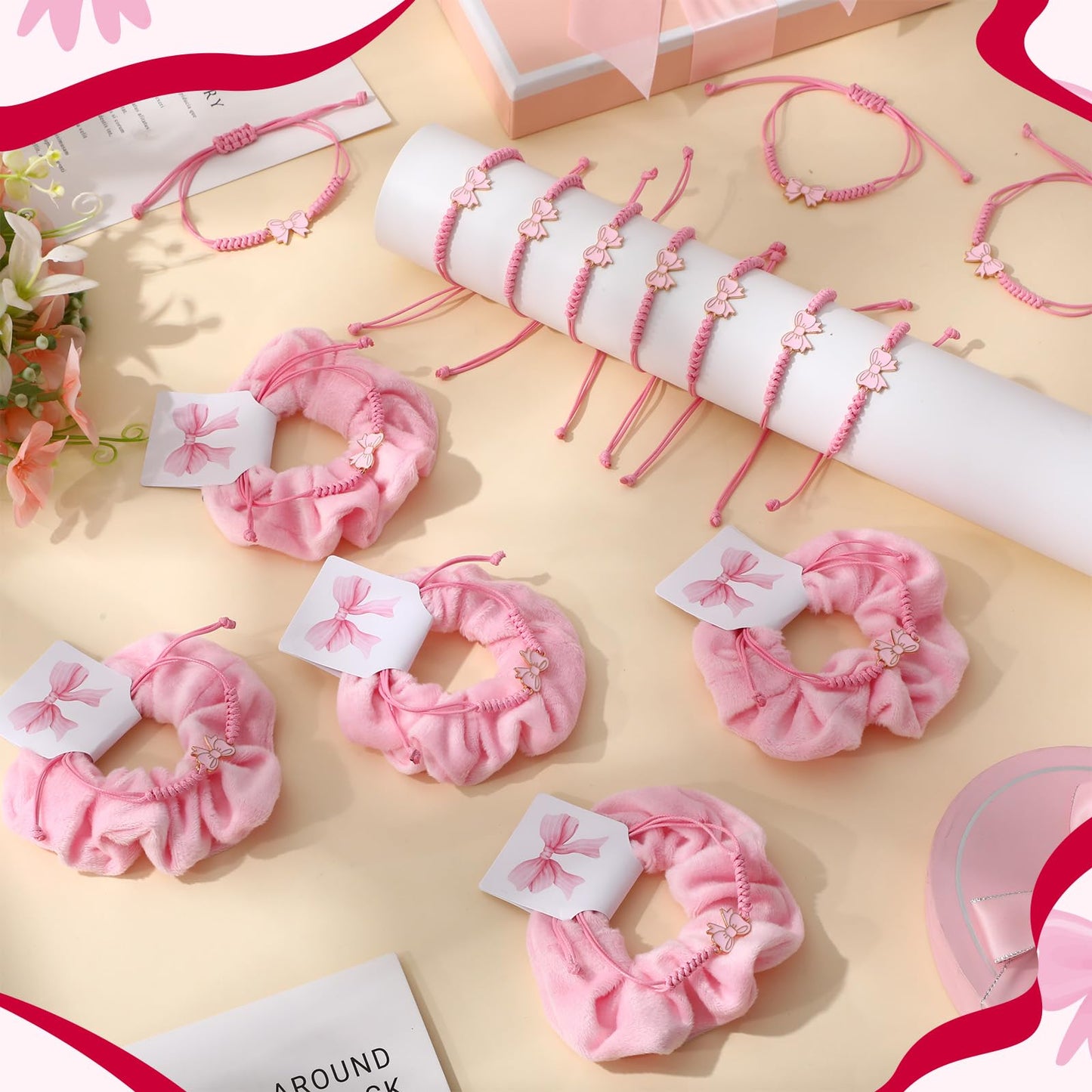Hoteam 24 Sets Coquette Party Gifts Bulk Adjustable Coquette Pink Bow Braid String Bracelets Blue Hair Scrunchies with Bow Cards Cheerleader Birthday Party Favor for Cheer Dance Team Friends Gift