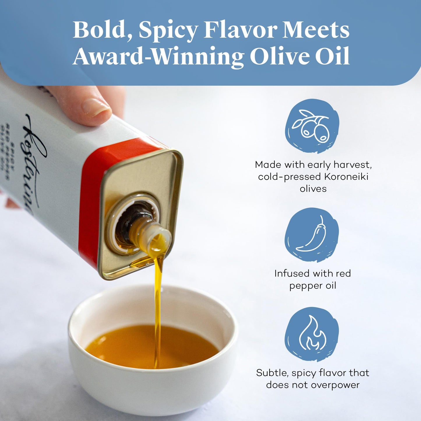 Kosterina Spicy Red Pepper Olive Oil Tin | Polyphenol Rich Greek Olive Oil, Cold-Pressed from Early Harvest Koroneiki Olives | Infused with Red Pepper for Bold Flavor | Product of Greece (16.9 oz)