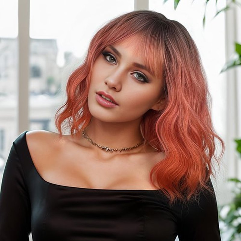MUPUL Ombre Pink Wig Short Body Wavy Bob Wigs for Women With Bangs Shoulder Length Synthetic Cosplay Party Wig for Girls Daily Use Colorful Wigs