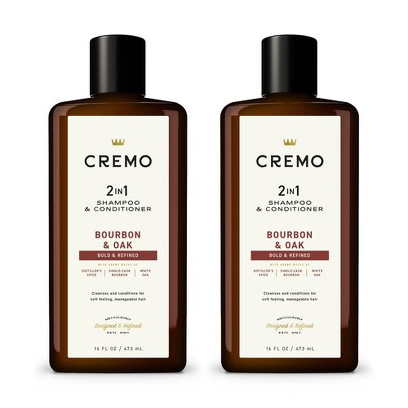 Cremo Bourbon & Oak Barber Grade 2-in-1 Shampoo & Conditioner, 16 Fl Oz (2-Pack) - A Sophisticated Blend of Distiller’s Spice, Fine Bourbon and White Oak