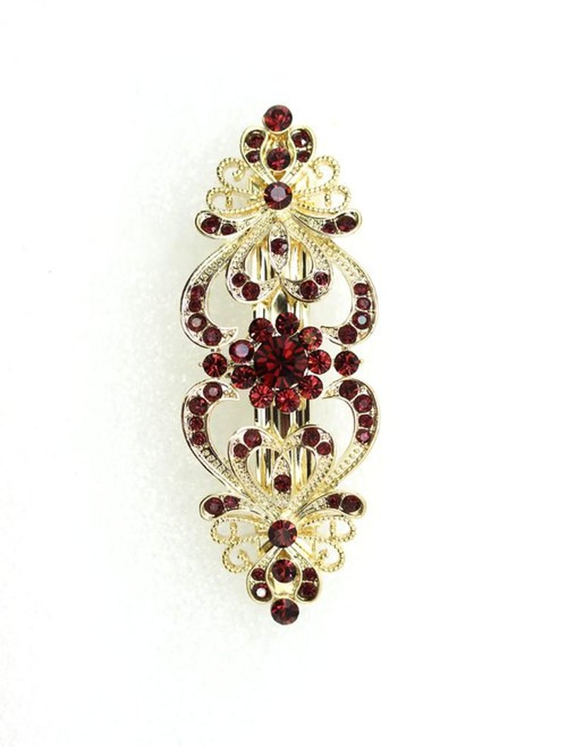 Faship Gorgeous Burgundy Rhinestone Crystal Hearts And Floral Hair Barrette