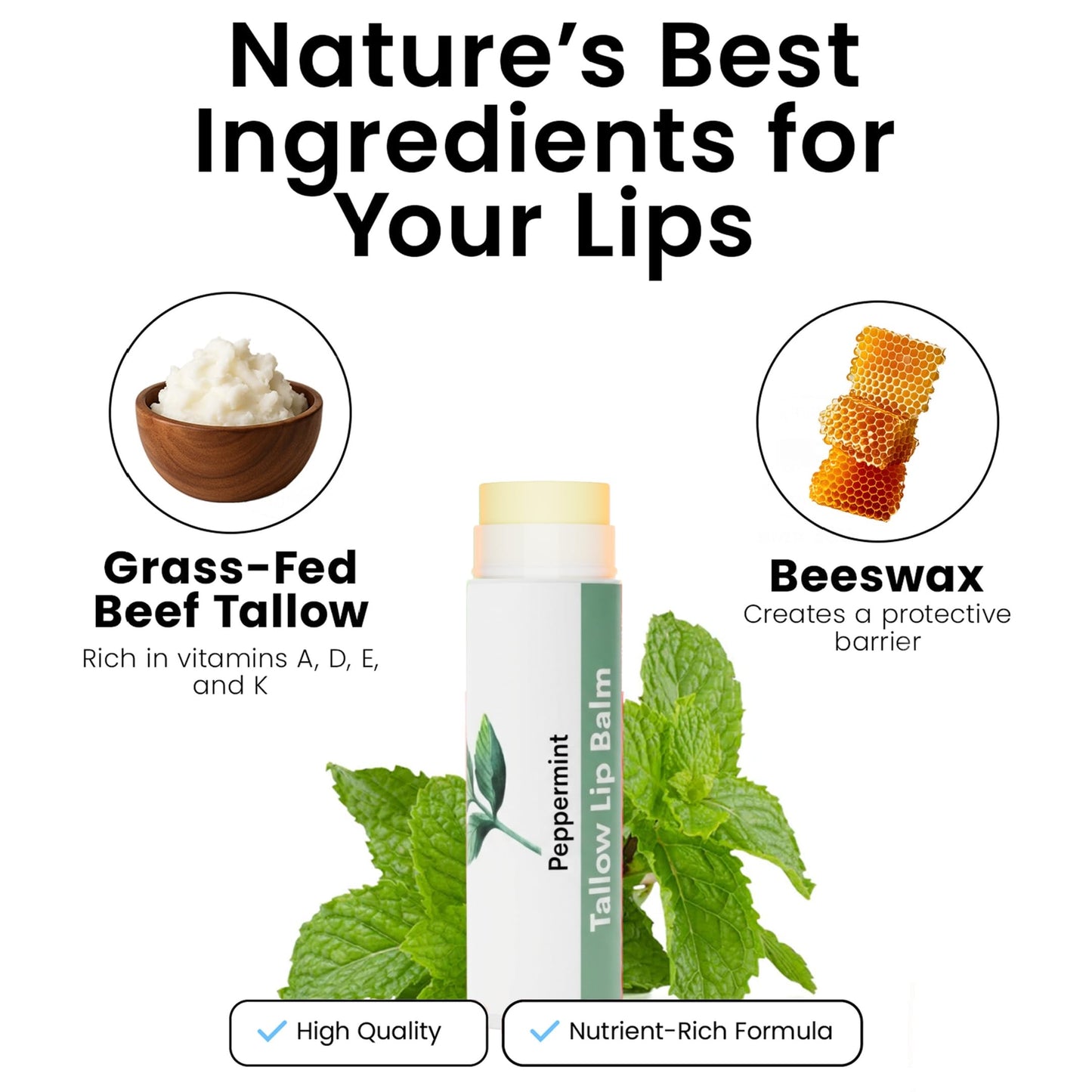 Tallow Lip Balm by Cattle Creek – All-Natural Ingredients, Long-Lasting Moisture and Hydration for Dry, Cracked, and Chapped Lips, Soothing Formula for Soft Skin (Pack of 3, Peppermint)