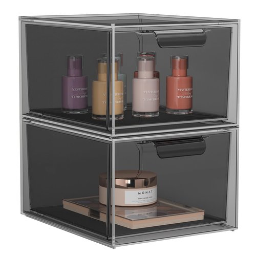 SpaceHacks 2 Pack Stackable Makeup Organizer and Storage, Acrylic Organizers，Clear Plastic Storage Drawer with Pull-Out Handles for Vanity, Undersink, Kitchen Cabinets, Pantry, Black