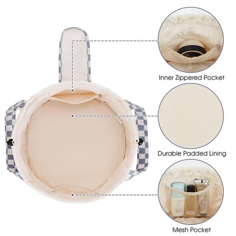 Barrel Drawstring Checkered Makeup Bag Large Cosmetic Bag Make up Bags Toiletry Organizer for Women (Grayish Blue Checkerboard) (Patent)