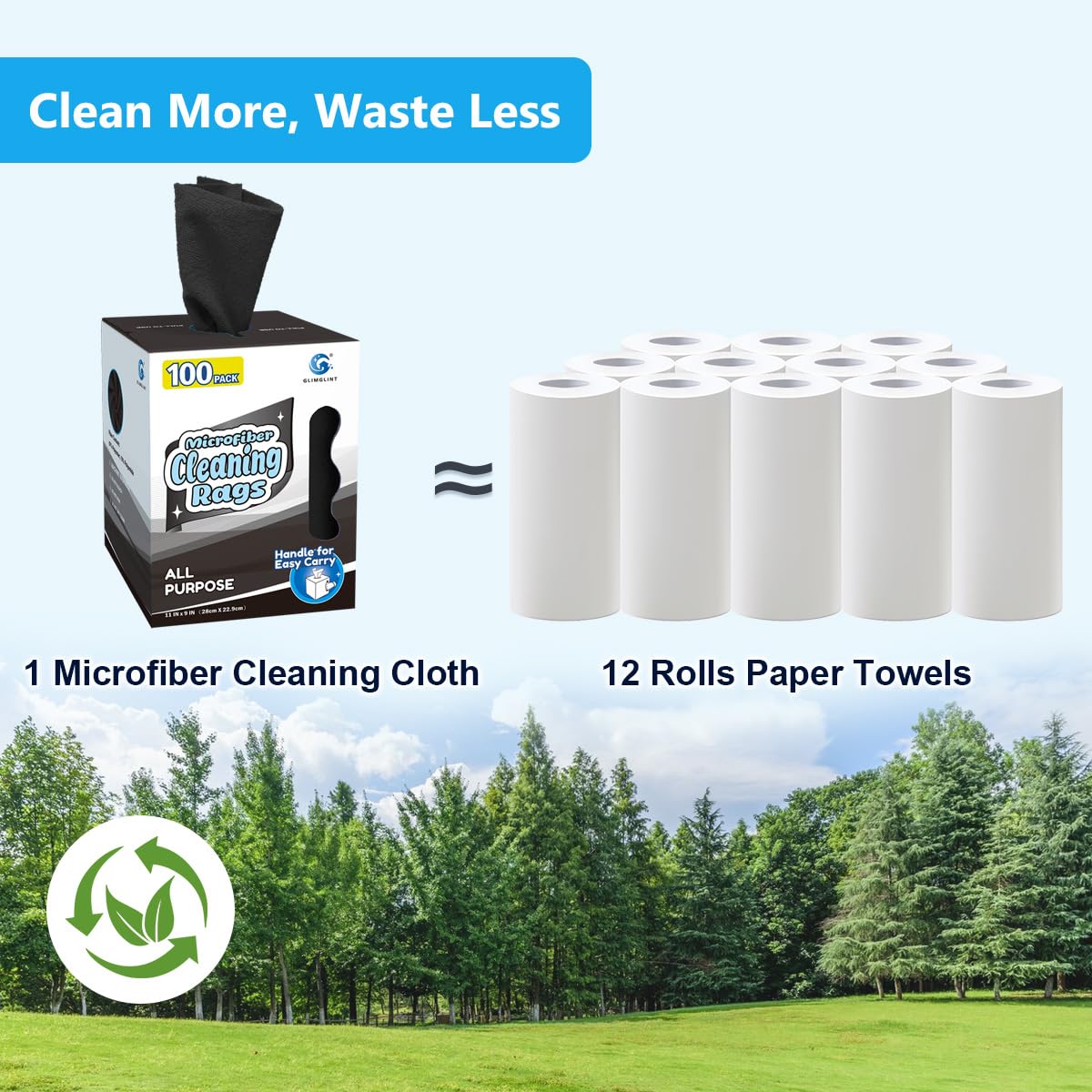GLIMGLINT Black Microfiber Cleaning Cloth, 100 Pack Cleaning Rags, Lint-Free, Ultra Absorbent Reusable Paper Towels for Home, Kitchen, Car, Garage or Shop, Dish Rags, 11" x 9"