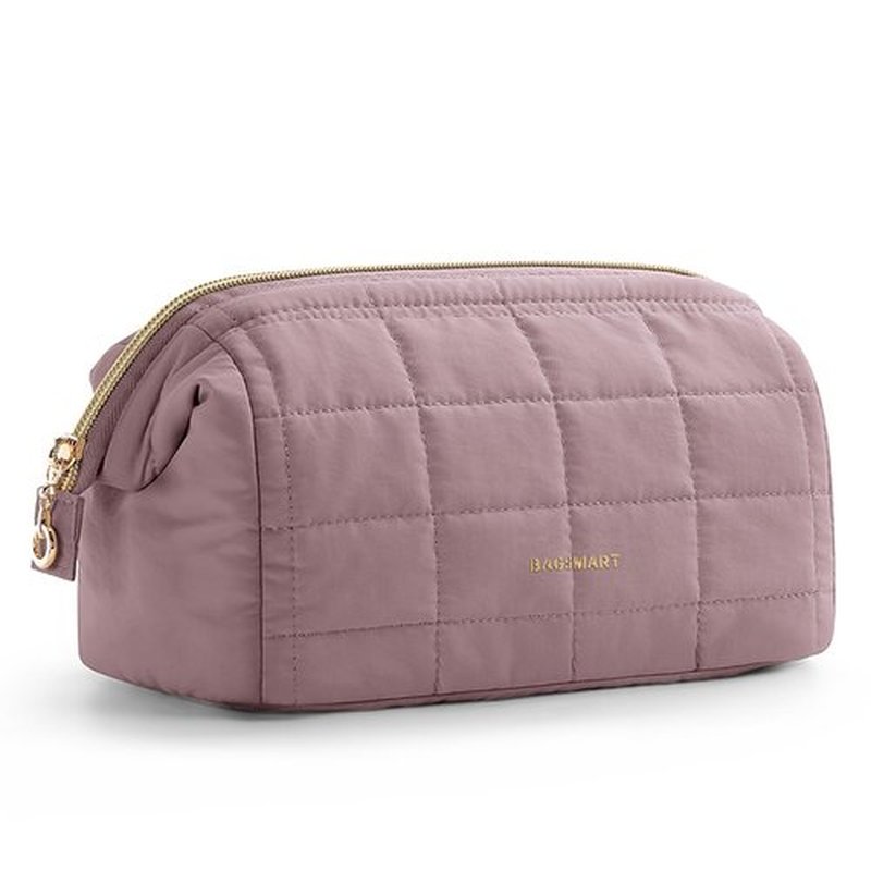 BAGSMART Makeup Bag Travel Cosmetic Bag, Puffy Padded Make Up Bags for Women Makeup Organizer Case, Wide-open Pouch Purse Travel Essentials Toiletries Accessories Brushes, Grayish Purple