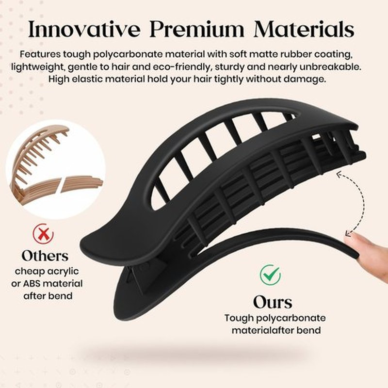 Oeusnael 2 PCS Flat Hair Clips, French Round Lay Down Claw Clips for Women Girls, Matte Non-slip Strong Hold Hair Clips for Thick Thin Curly Hair, Comfortable Curved Flat Hair Clips, White & Black