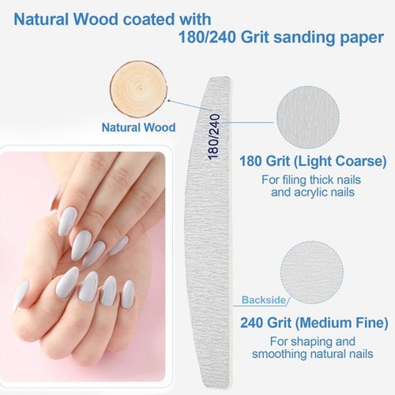 Nail Files (50 Pack), 180/240 Grit Wooden Emery Board Nail File Double Sided Wood Emory Fingernail Files for Natural Nails Professional Reusable Manicure Pedicure Curved
