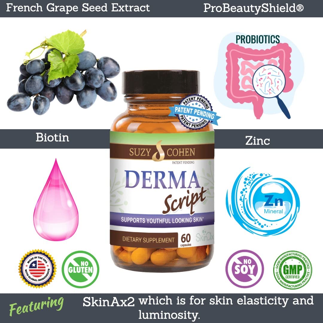 Script Essentials DermaScript Clear Skin Probiotic- Skin Care Routine Supplement - Biotin Face Supplemnt - Fights Acne, Dryness, Irritation and Rashes (60 Capsules)