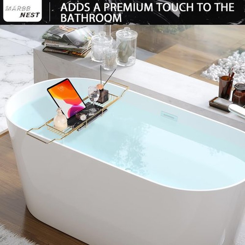 MARBBNEST Bathtub Tray Caddy for Luxury Bath Expandable Extra Wide Bath Tub Tray with Natural Marble Tray and Mobile/Tablet Stand, Ideal for Home Spa Lovers (Gold + Black)
