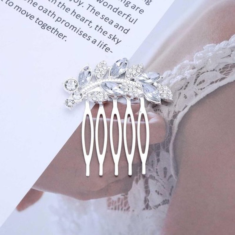 Yheakne Vintage Rhinestone Crystal Hair Comb Blue Crystal Wedding Headpieces Rhinestone Side Comb Hair Clip Hair Gold Cz Leaf Comb Barrette Bridal Headwear Accessories Jewelry for Women (Silver)