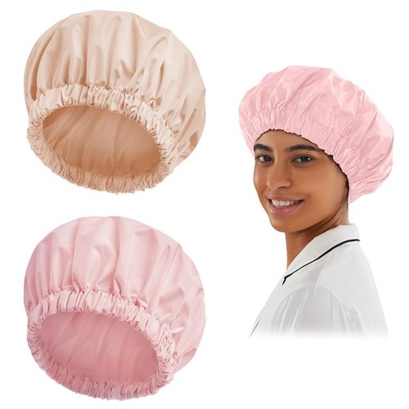 Reusable Shower Cap for Women, Large Waterproof Shower Bonnet Washable Elastic Band Bath Hair Hat for Long Hair, Braids(Pink&Beige)