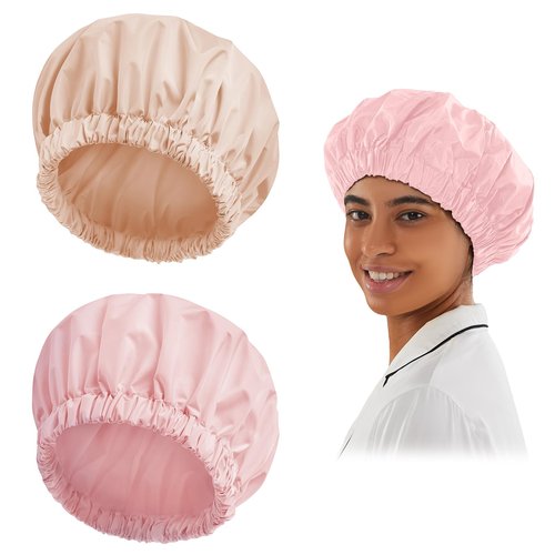 Reusable Shower Cap for Women, Large Waterproof Shower Bonnet Washable Elastic Band Bath Hair Hat for Long Hair, Braids(Pink&Beige)
