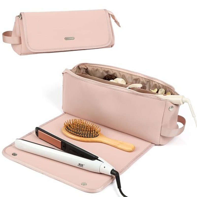 FINDCOZY Hair Tools Travel Bag, Hair Accessory Organizer with Heat Resistant Mat for Curling Iron, Hair Straighteners and Styling Tools, Travel Essentials for women, Pink