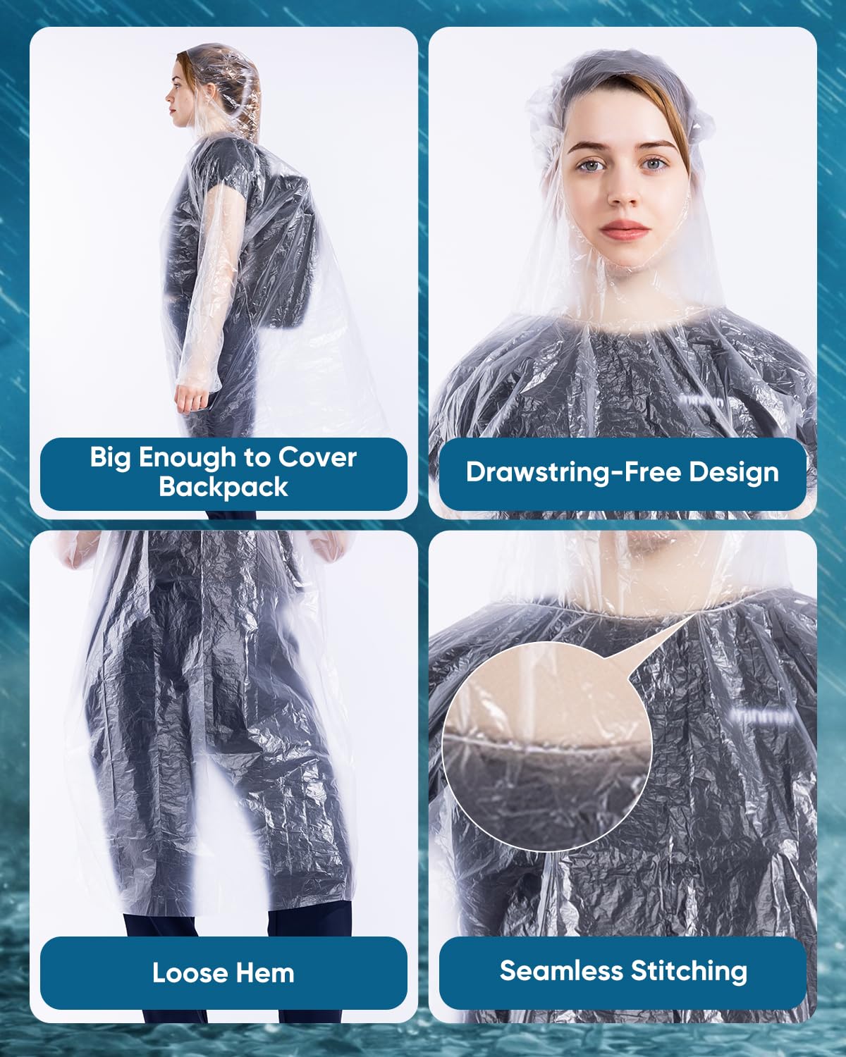 SmileLucky 100 Pack Disposable Rain Ponchos with Hood for Adults, Family Pack Raincoats Bulk for Women and Men