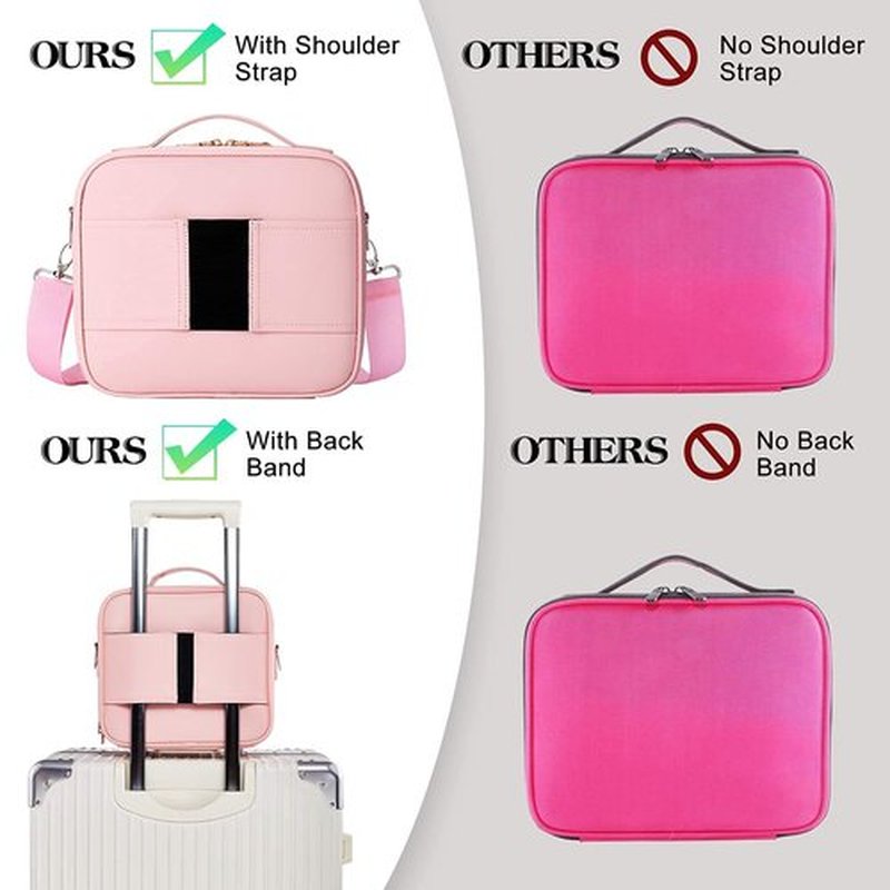 gzcz Makeup Bag Organizer 10.2'' Travel Makeup Train Case Cosmetic Brush Organizer Portable Artist Storage bag with Adjustable Dividers and shoulder strap for Make up Accessories (Cute Pink)