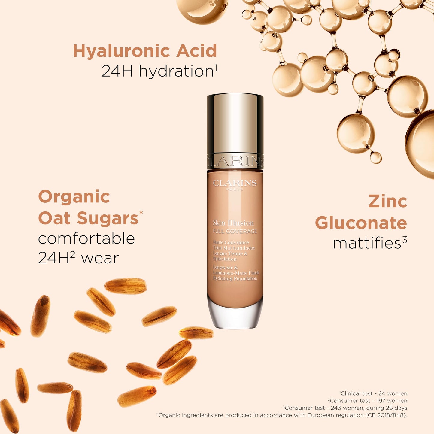 Clarins Skin Illusion Longwear Full Coverage Foundation|Luminous Matte Finish|24H Hold and 24H Hydration|Natural Looking|Transfer, Sweat and Smudge Proof| Contains Hyaluronic Acid|1 Fl Oz,103N