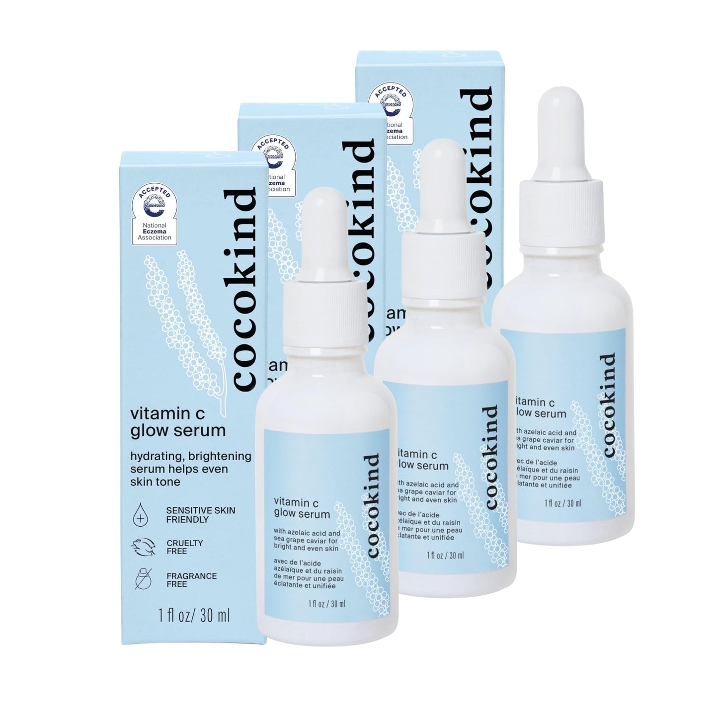 Vitamin C Glow Serum by Cocokind, Brighten Dullness and Improve Skin Tone and Texture, Hydrating Face Serum Formulated for Sensitive Skin, Cruelty Free, Fragrance Free, Vegan, 1 Fl Oz, 3 Pack