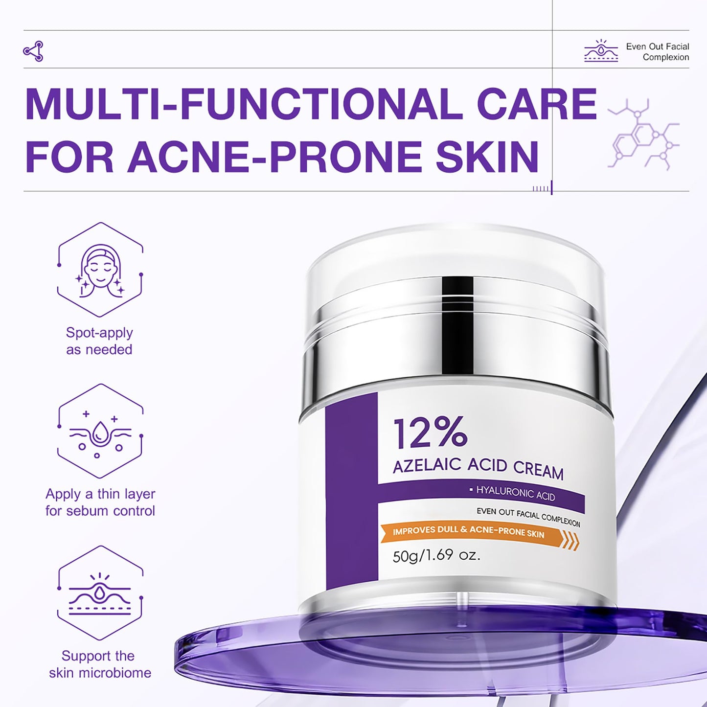 12% Azelaic Acid Cream for Face，Acne Cream，Azelaic Acid Serum for Acne & Post-Acne Marks，Fades Acne Scars & Soothes Skin，Regulates Sebum Production，Suitable for Oily & Acne-prone Skin Care，1.69 OZ
