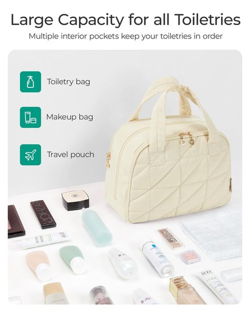 BAGSMART Travel Toiletry Bag, Large Wide-open Travel Bag for Toiletries, Puffy Makeup Cosmetic Travel Bag with Handle-Camel