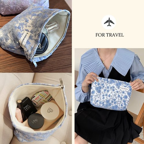 STARDW Makeup Bag for Women and Girls Travel Toiletry Bag Large Capacity Makeup Organizer Bag Flower Cosmetic Bags Zipper Pouch (Embroidery Blue)
