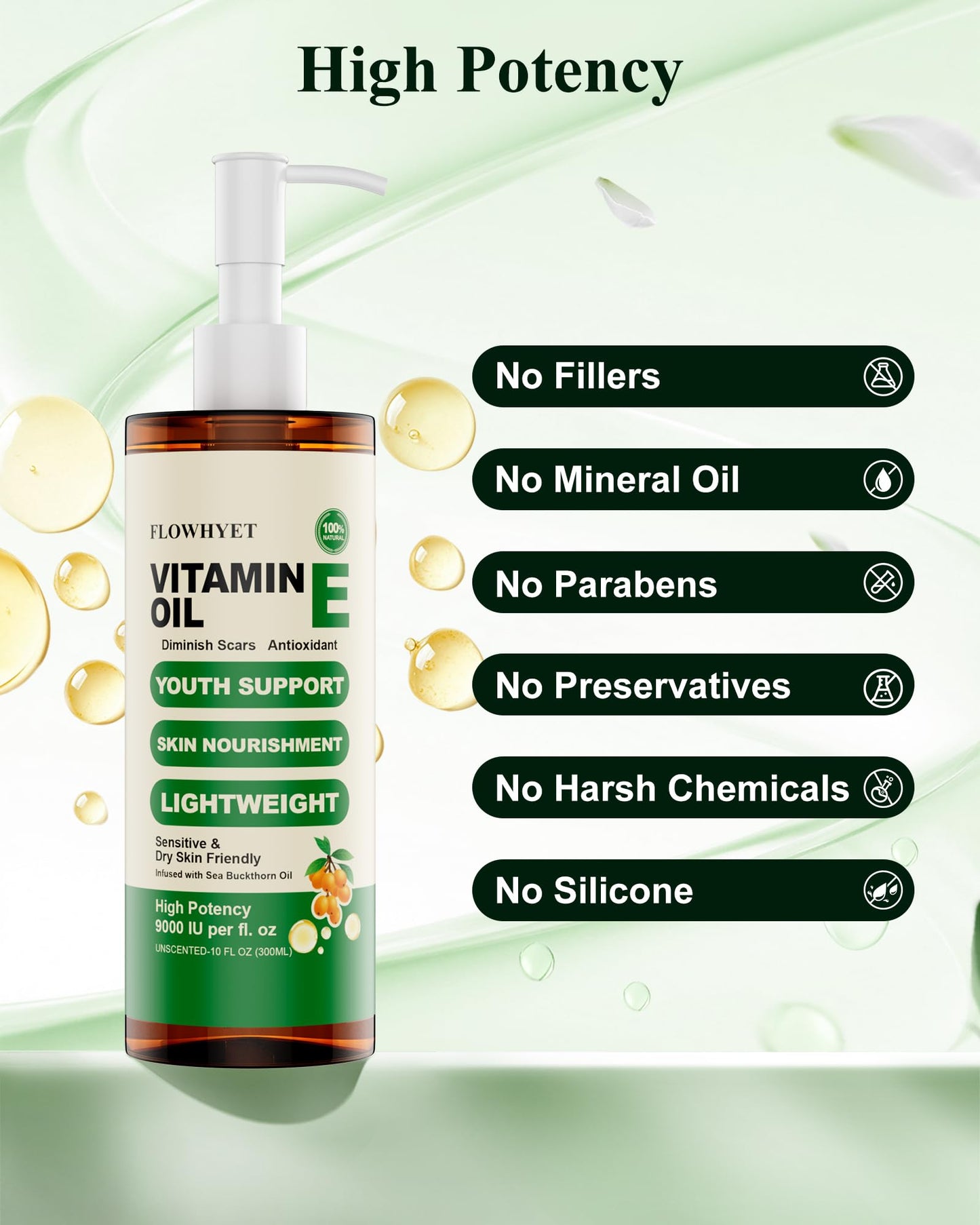FLOWHYET 5 FLoz Organic Vitamin E Oil for Skin, Pure Vitamin E Oil for Scar, Stretch Marks, vit e for Cuticle, Skin and Hair, Lightweight Unscented Body Oil Moisturizing -150ML