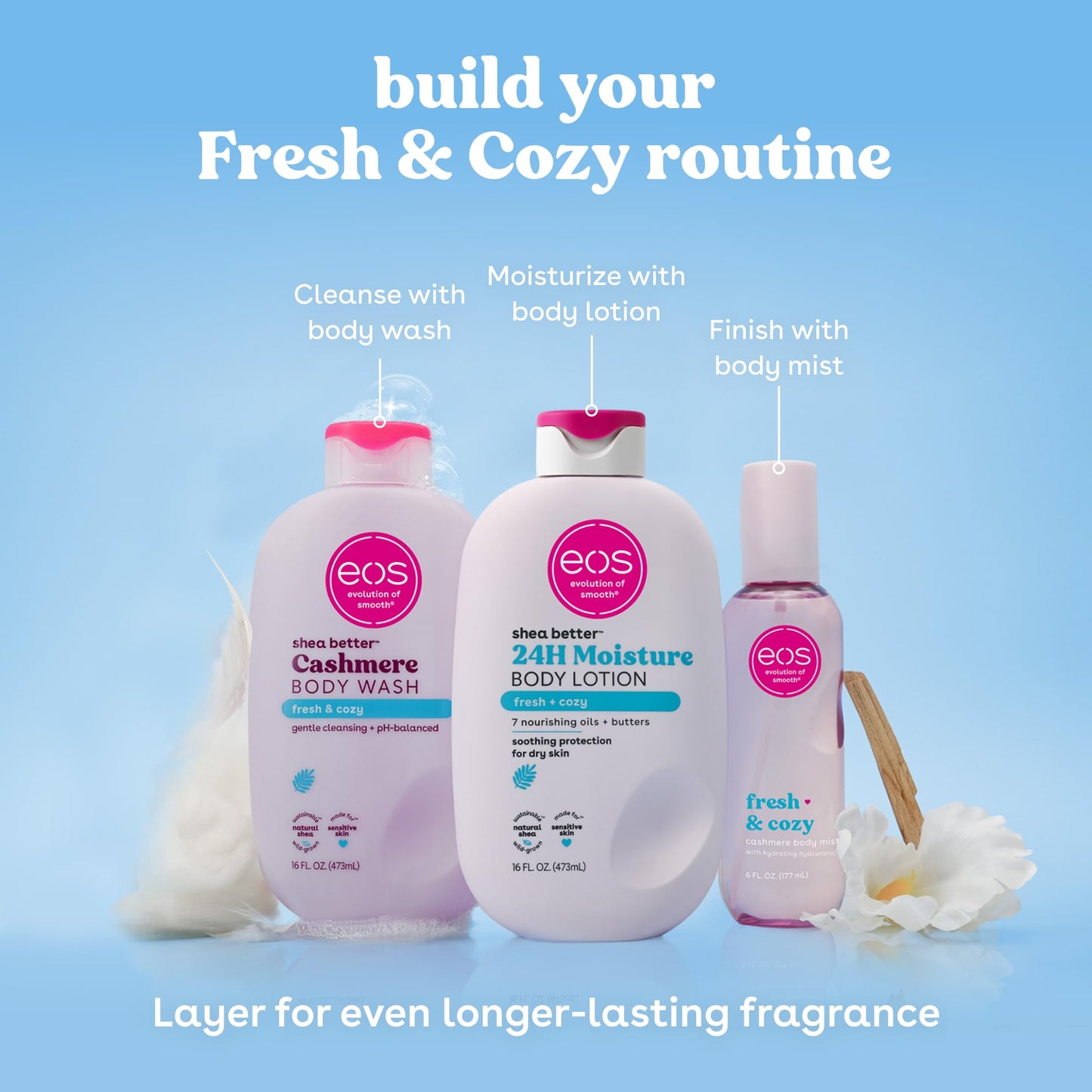 eos Cashmere Body Wash – Fresh & Cozy, Moisturizing Body Wash, Creamy Gel Formula, with Shea Butter, Glycerin, Vitamin E, pH Balanced, Sensitive Skin, Vegan, 16 fl oz