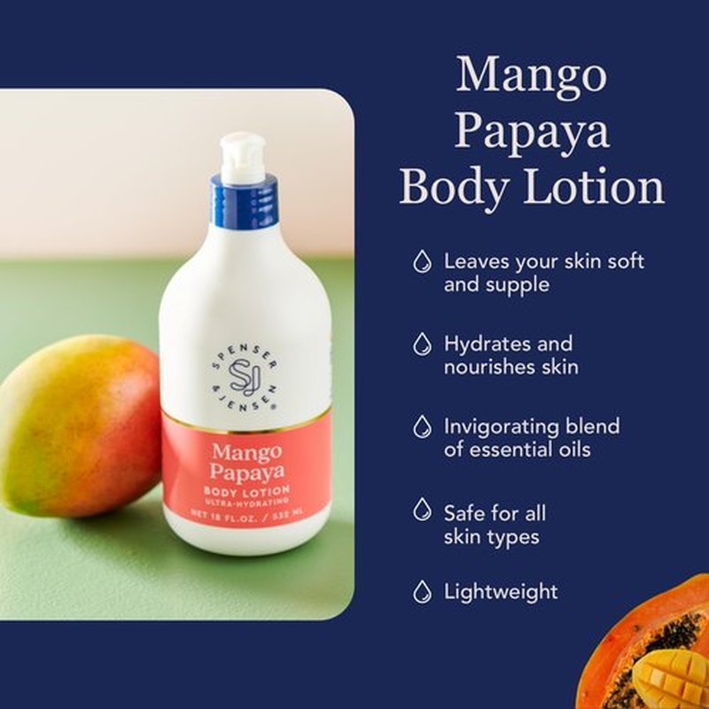 Spenser & Jensen Daily Moisturizing Body Lotion with Hydrating Mango & Papaya - Gentle On All Skin Types - Body Lotion for Women & Men - Paraben Free - 18 Oz (Pack of 2)