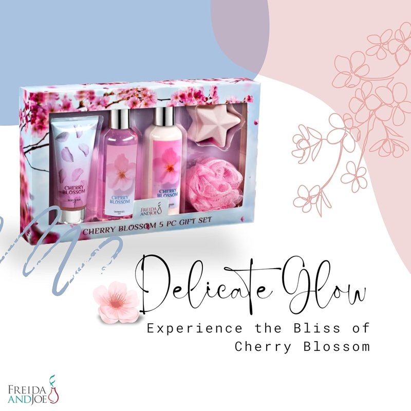Fragrance Bath & Body Collection Gift Box - Shower Gel, Lotion, Scrub & Bath Bomb | Blue Cherry Blossom