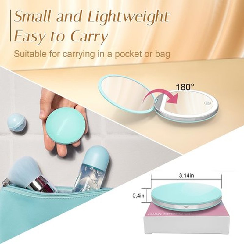 Kakuje Compact Mirror with Light, 1X/3X Magnification LED Pocket Mirror with USB Data Cable,Mini Mirror for Purse, Pocket,Travel and Present (Mint Green)