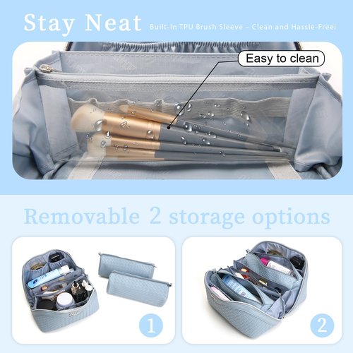 Travel Makeup Bags Cosmetic Organizer Bag: Large Capacity Make up Bag Set of 3 - Vegan Leather Toiletry Bag for Women - Portable Makeup Organizer with Compartments & Handle & Divider (02 Blue)