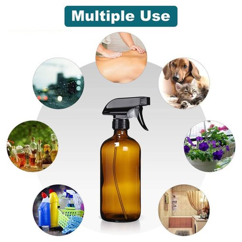 HAOERMEI 16 oz Amber Glass Spray Bottles - 2 Pack Refillable Empty Bottle for Cleaning Solutions, Essential Oils, Plants, Hair Mister - with Pump,Labels &Funnel, Dropper (Amber-2PACK)