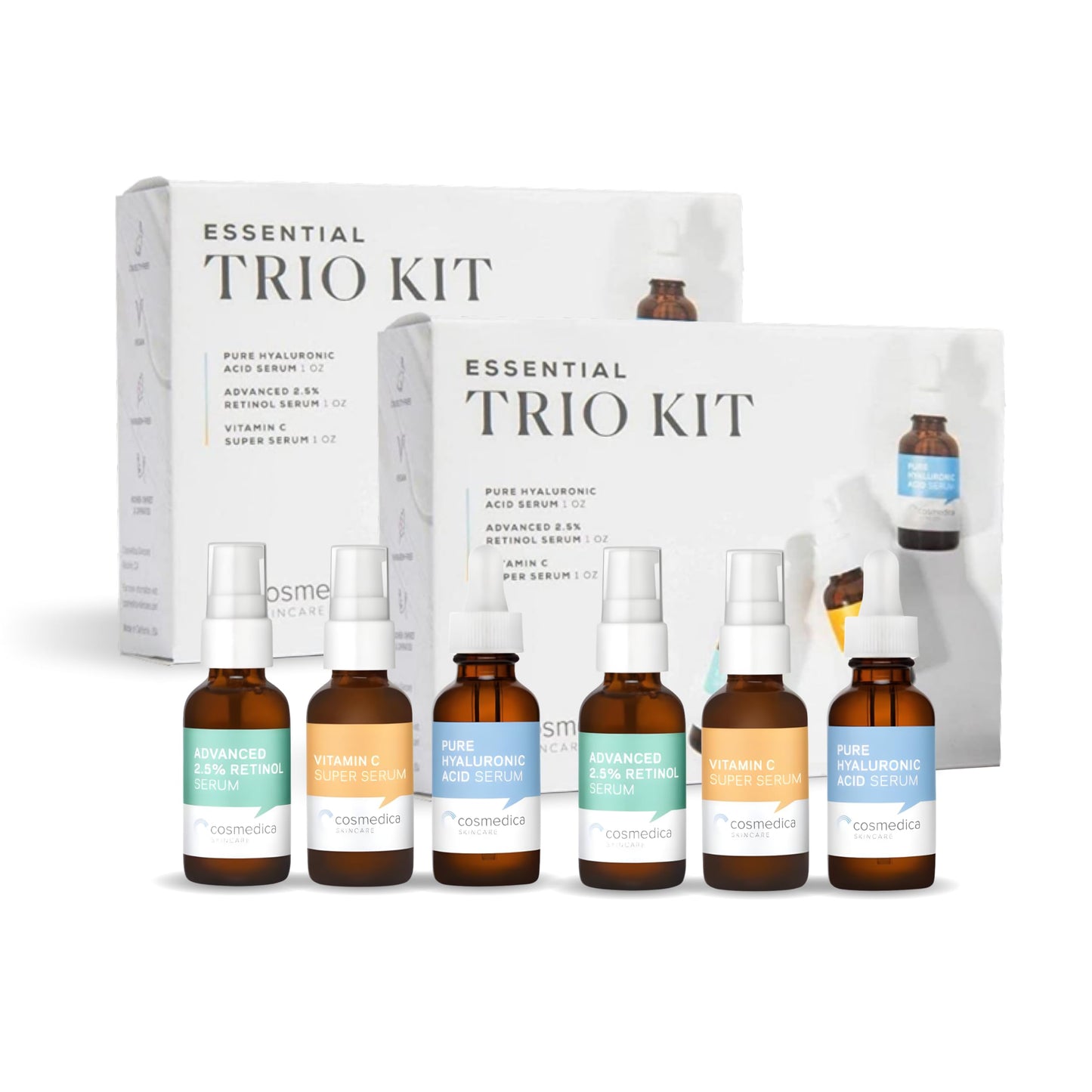Cosmedica Skincare Facial Serum Trio Set – Vitamin C, Retinol & Hyaluronic Acid Serums for Face – Hydrating & Smoothing Skincare – Vegan, Cruelty Free (6 x 1.47 oz)