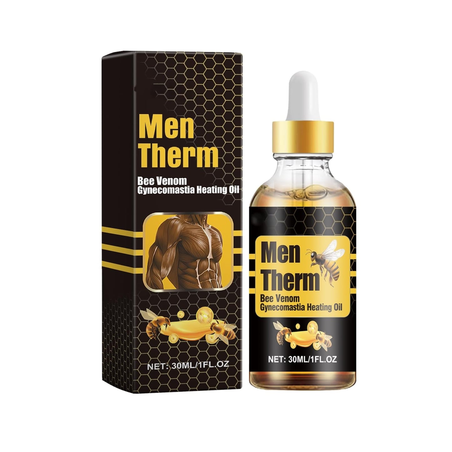Men Therm Bee Venom Gynecomastia Heating Oil, Chest Firming Treatment with Green Tea Extract and Ginseng, 30ml/1 fl oz