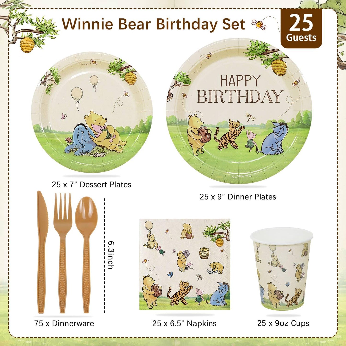 Winnie Birthday Decorations Plates Set, 175PCS Classic Winnie Happy Birthday Plates Cups Napkins Cutlery for 25 Guests
