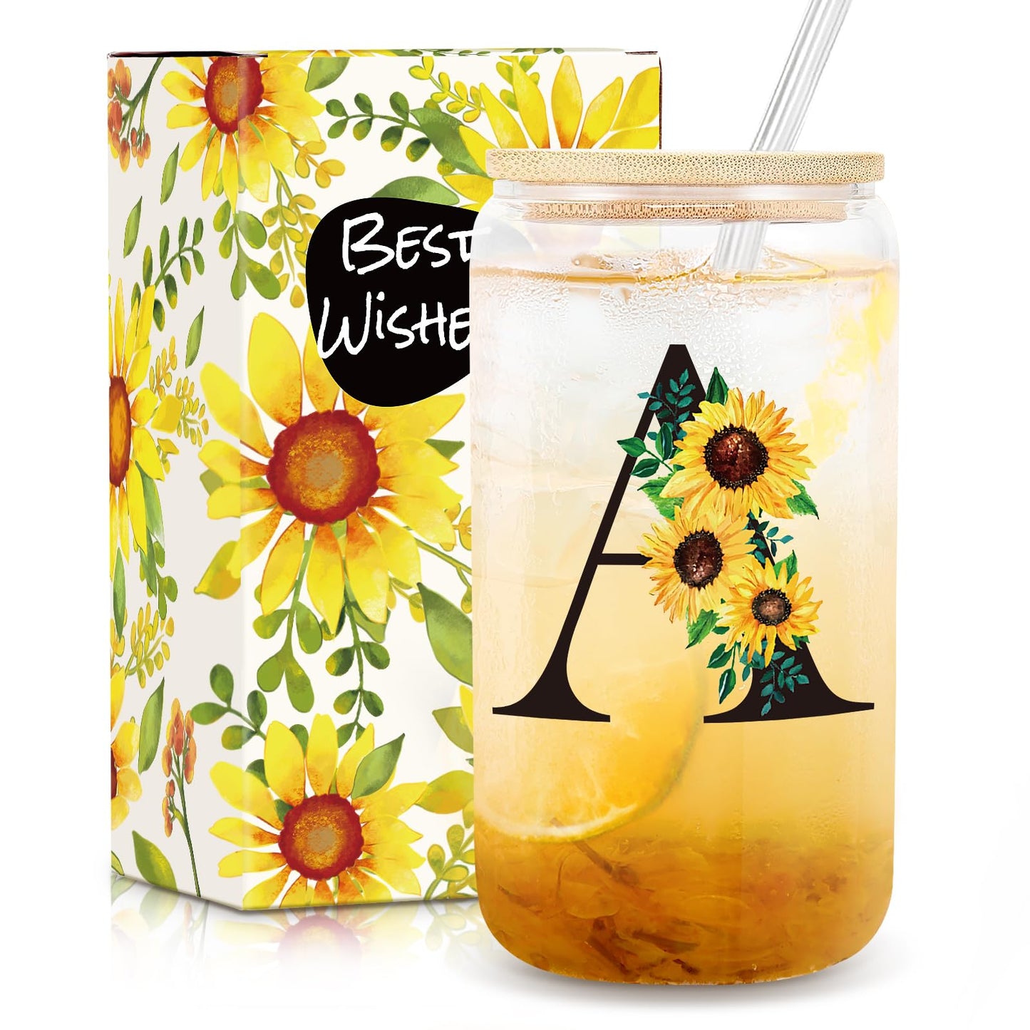 Frerdui Birthday Gifts for Women, Initial Glass Cups w Lids and Straws, Sunflower Gifts for Women, Personalized Gift, 16oz Glass Tumbler Cups W/Straw Lid, Monogrammed Mothers Day Gift for Her Mom - A