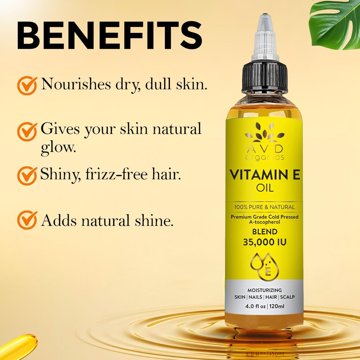 AVD ORGANICS Vitamin E Oil for Skin - 100% Pure & Natural, 35,000 IU | Premium Grade, Cold-Pressed and Tocopherol Vit E Oil to Repair Dry, Damaged Skin| Moisturizing, Hair and Scalp 4.05 Fl Oz