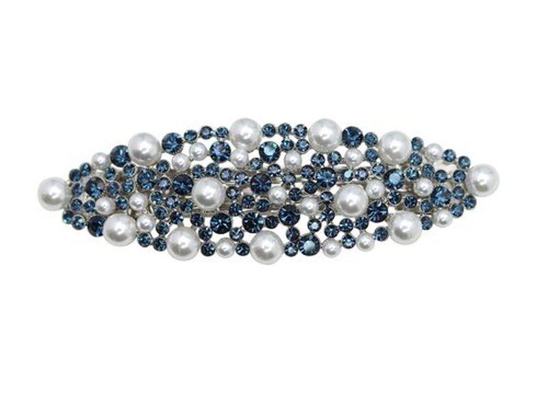 Faship Gorgeous Navy Blue Rhinestone Crystal Pearl Floral Barrette
